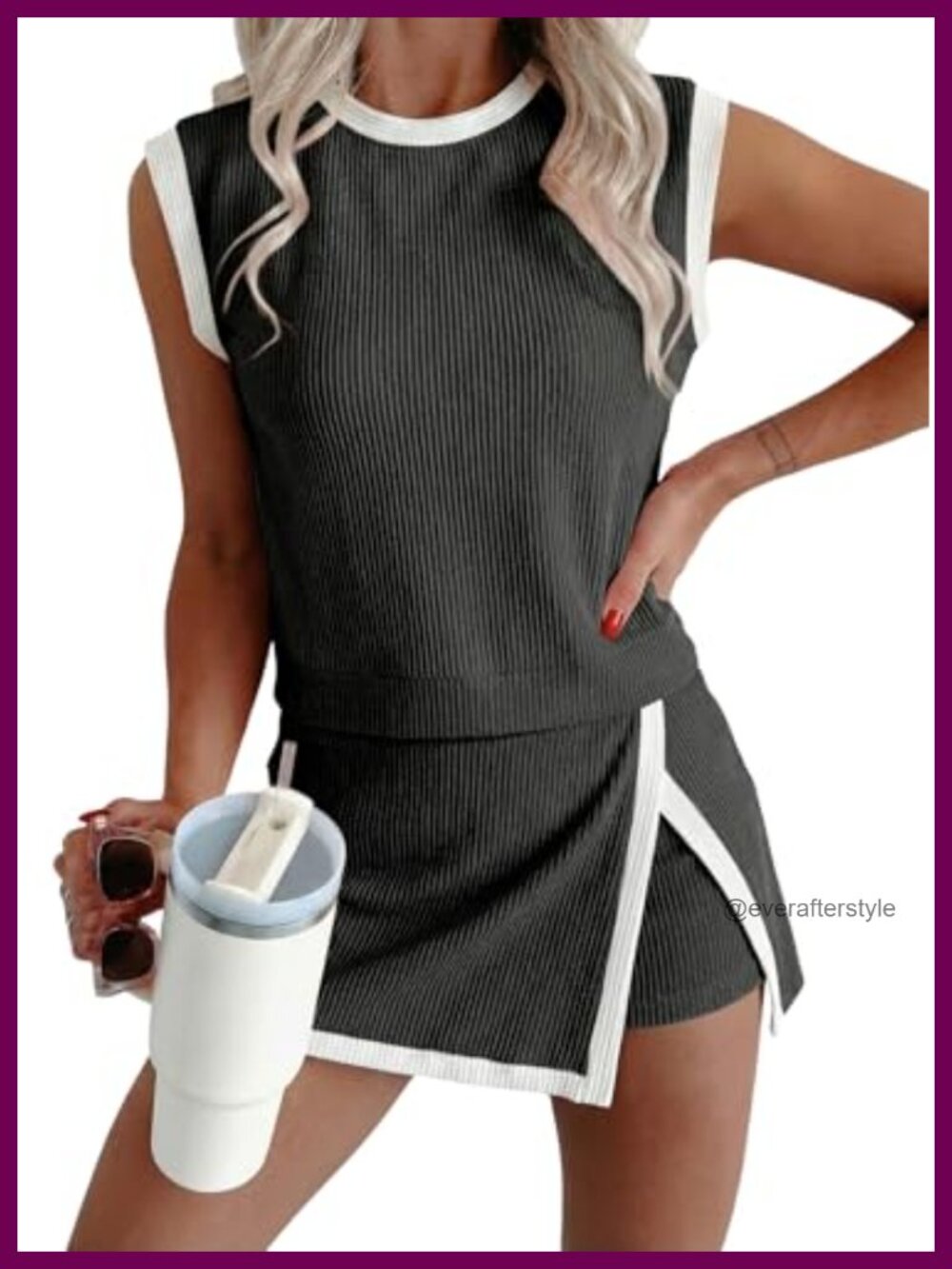 2 Piece Set Women Rib Knit Tank Top and High Waist Split Skirt Summer Workout